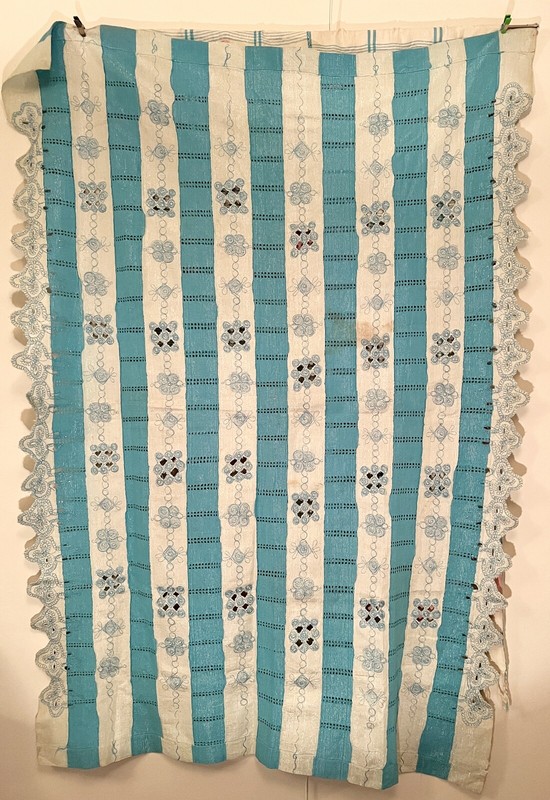 Nigerian Yoruban Aso Oke Blue White Embroidered Textile Tapestry 56” W x 76” H gallery