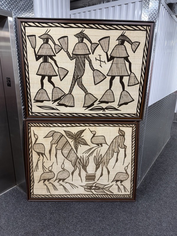 2 X Vintage African Korhogo Mud Cloth Textile Ivory Coast Wall Art Framed 4×5’
