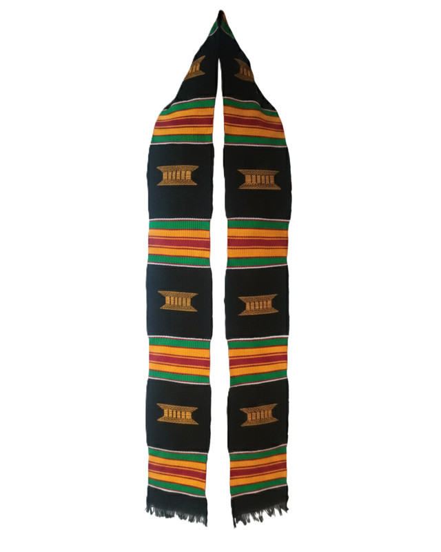 Black Kente Stole with Gold/Red/Green Stripes and Gold Stools, Graduation Sash gallery