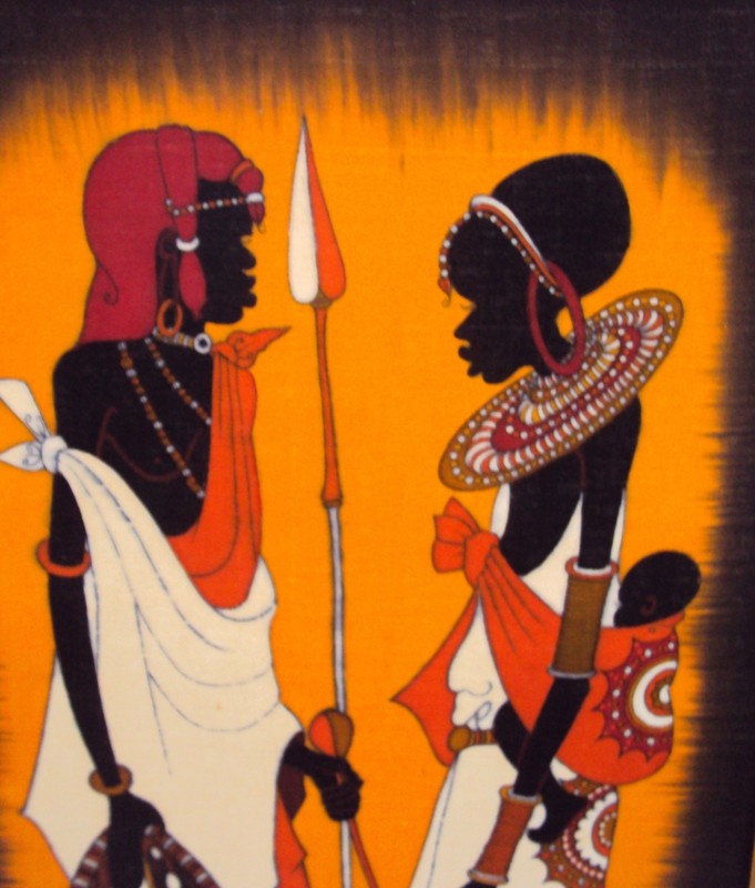 SIGNED ORIGINAL 32" VINTAGE MAASAI BATIK ART African Textile LARGE RICH COLOR!! gallery