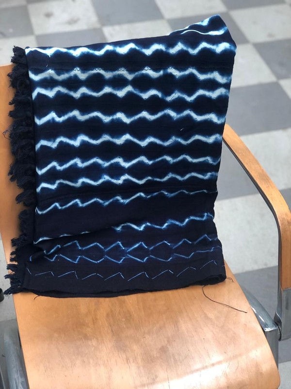 Blue Indigo Mud Cloth or Bogolan Fabric with white zigzag patterns