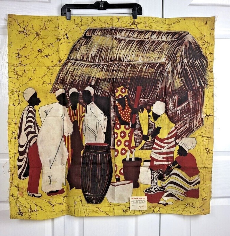 Vintage African Art Batik Village Scene Wall Hanging African 36.5″ W x 36.5″ L