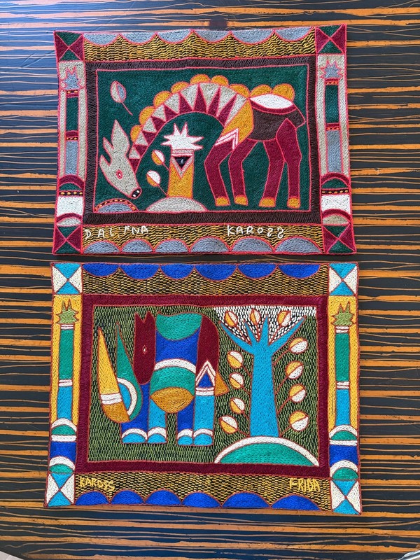 (2) KAROSS South African Wildlife Handmade Embroidered Panels 12”x15” Kaross