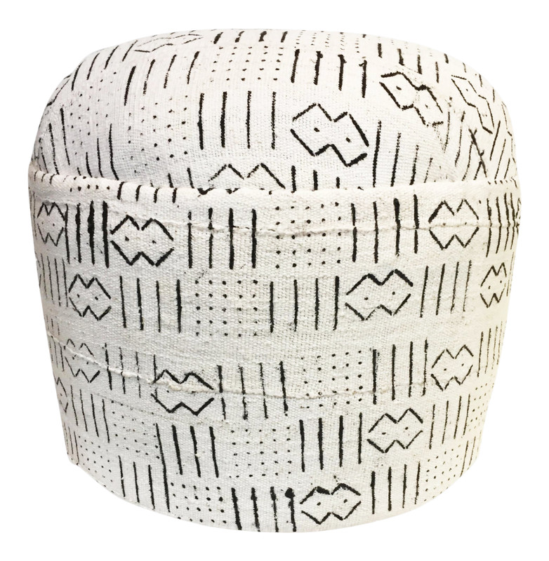 # 638 LG Ottoman in African Malian White & Black Mud Cloth Textile 17″ h