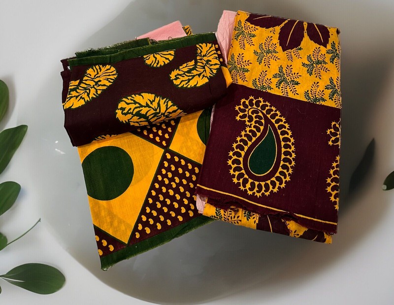 2 Burgundy/Gold & Green Handmade African Cloth Textile Fabric Mali 42”x 62”🎄🎄