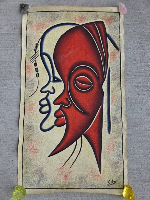 Vintage African Style Sand Art Textile Wall Hanging Signed “Siku” Abstract Faces