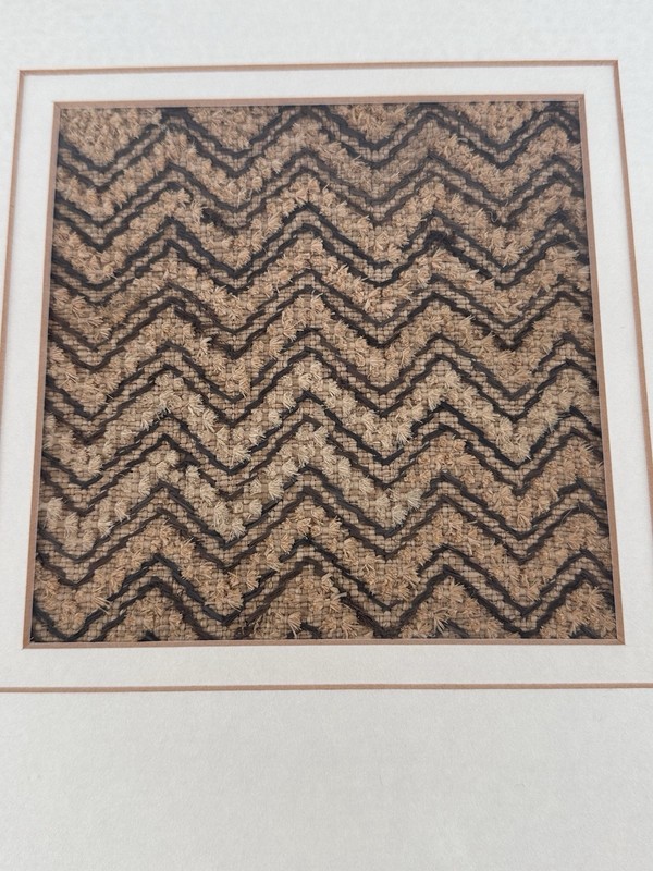 Vintage Framed Kuba Raffia Textile in Carved Geometric Wood Frame gallery