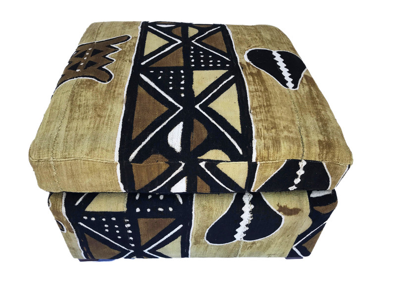 Custom Made Lg Ottoman W/Brown/Mustard/Black/White Mud Cloth 27.5" W by 18" H gallery