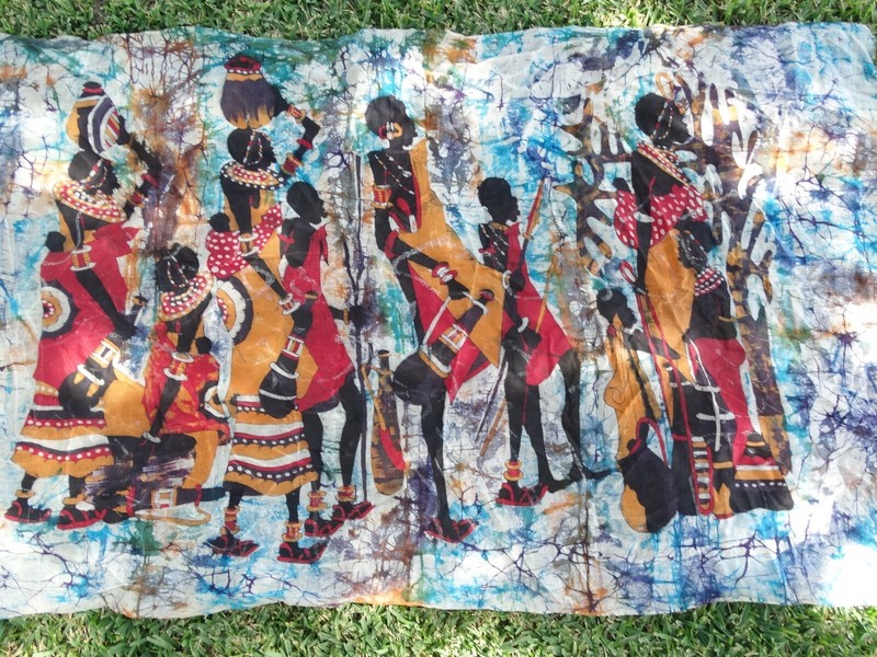 African Batik Fabric Art Painting Tribal Village Hunters Water Jugs 33" x 56" gallery