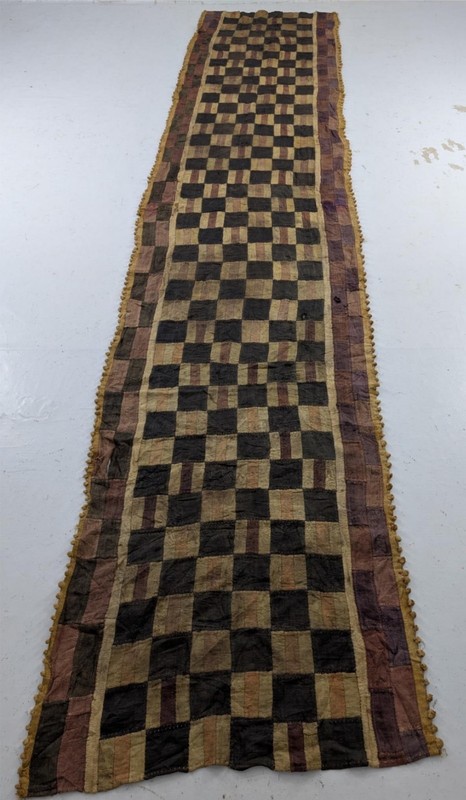 Vintage African Handwoven Patchwork Kuba Cloth Raffia Textile Runner 140x30in