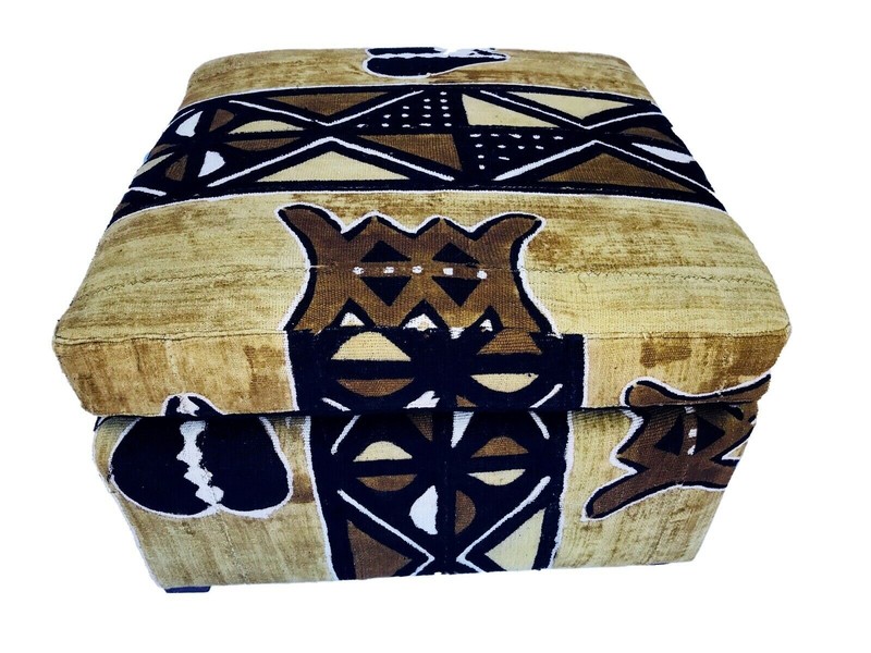 Custom Made Lg Ottoman W/Brown/Mustard/Black/White Mud Cloth 27.5" W by 18" H gallery