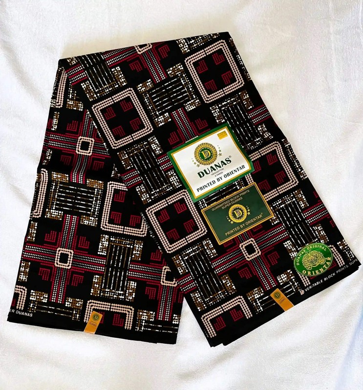 Premium Cotton Kitenge – Beige Geometric Patterns on Black, 6 Yards Authentic Af