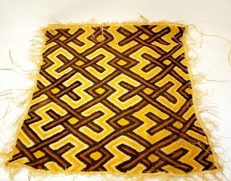 Vintage African raffia textile Kuba Kasai geometric 26×24″
