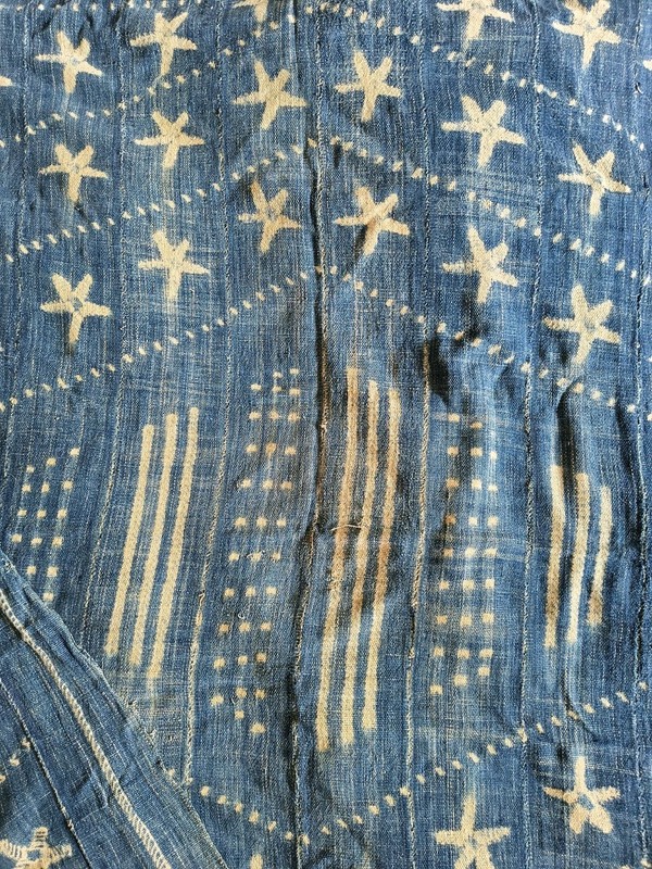 VINTAGE AFRICAN MOSSI MUD CLOTH INDIGO EXCELLENT DESIGN 43" X 62" STARS BOGOLAN