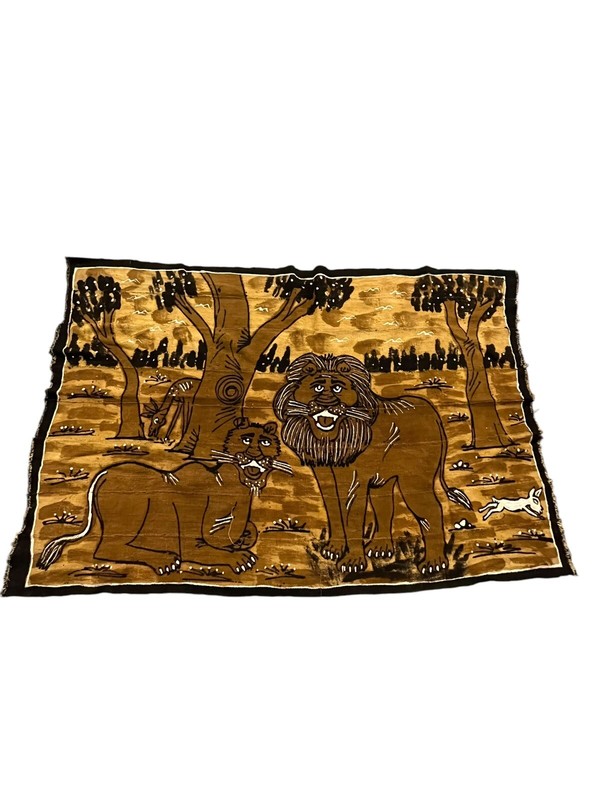 Vintage African Mud cloth Korhogo Senufo Lion Tiger 64x32 Hand Dyed Sewn