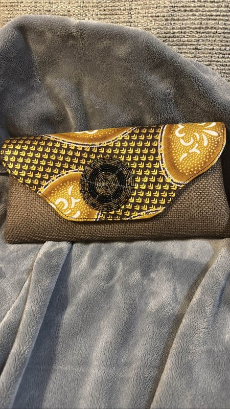 Brown Yellow African Print Beaded Clutch Handbag
