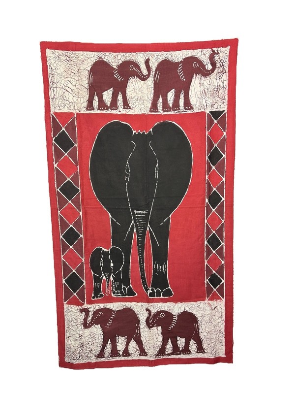 African Batik Fabric Wall Art Figural Elephants Cloth 60” Long X 37” Width READ
