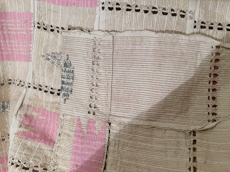 Nigerian Yoruban Aso Oke Cream/Offwhite Pink Gold Silver Fabric 49” W x 81” H gallery