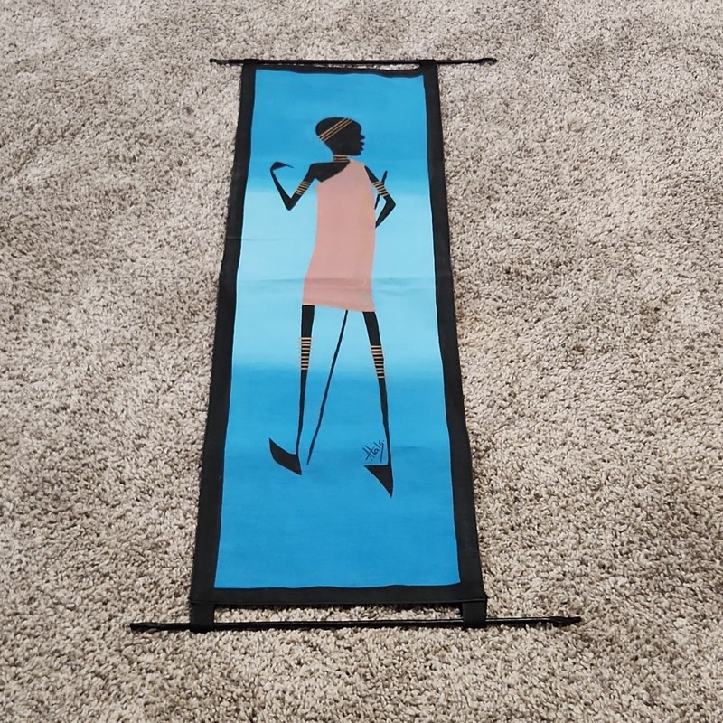 Halsi African Handmade Textile Wall Hanging Blue Pink Art Signed Stylized Figure gallery