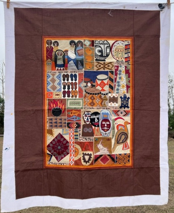 Signed African Applique Textile Narrative Story Folk Art Cloth Wall Hanging