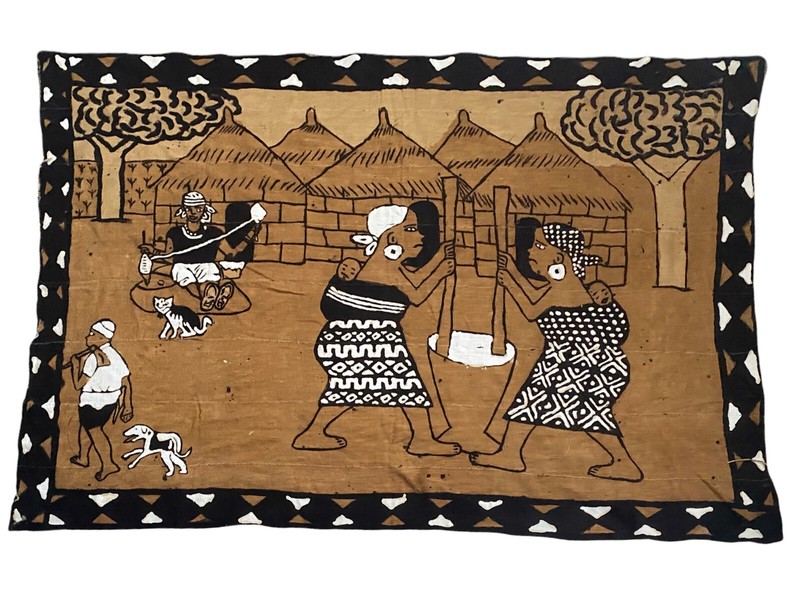 Vintage African Tribal Handpainted Tapestry Hand Sewn Dyed Beige Black