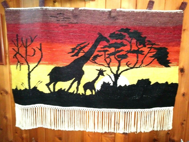 AFRICAN WOVEN WALL TAPESTRY OF GIRAFFES-- TSEHLO, BY FOBANE WEAVERS. HUGE 63X44"