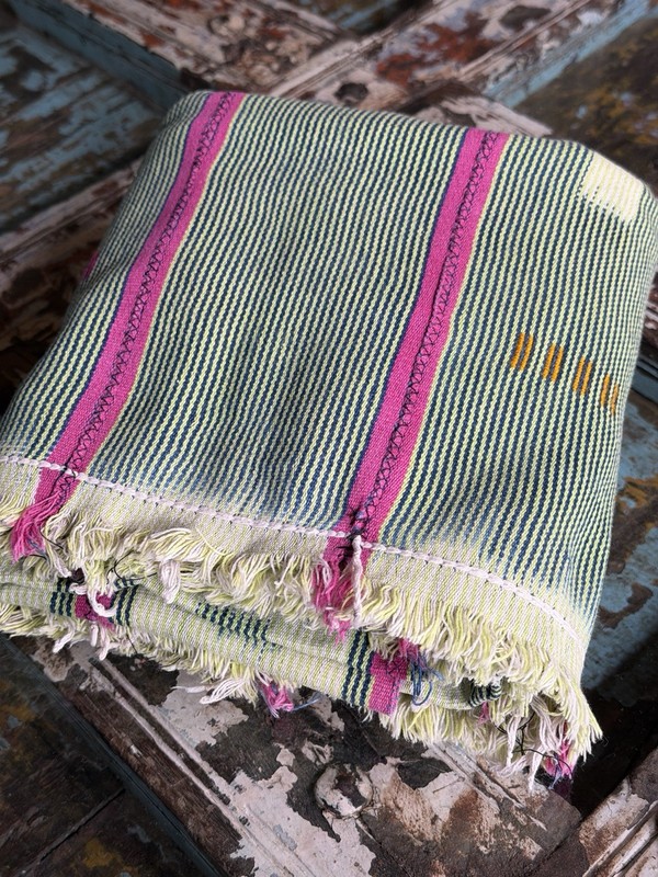 Vintage African Indigo + Lime + Pink Stripes Baule Mudcloth 55”L x 42”W | No. 74 gallery