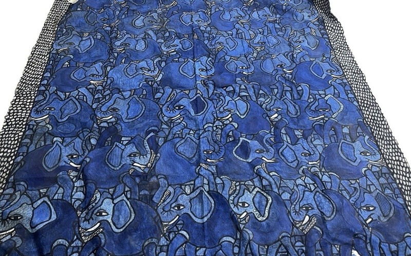 African Nigerian Batik Folk Art Hand Painted Textile Wall Hanging Blue Elephants