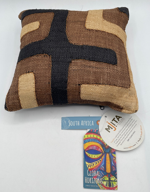 NWT Mini Kuba Cloth Raffia Accent Pillow 10x10" African Handmade Brown Black gallery
