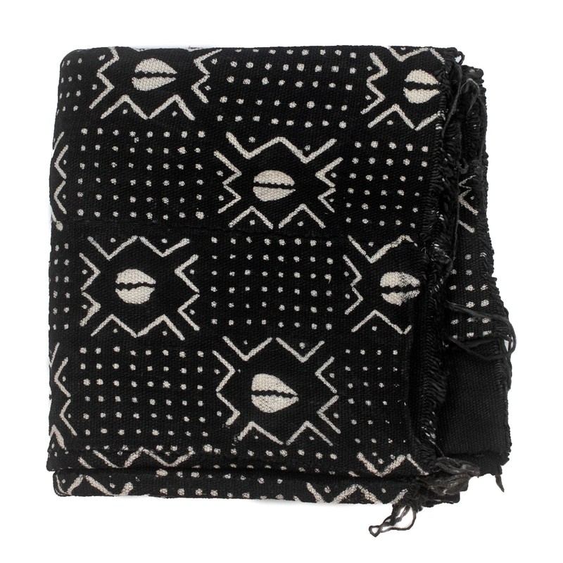 Ebony Black Bogolan Mali Mud Cloth Dotted Cowrie Design African Black and White