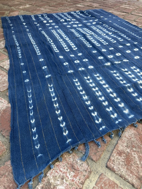 Vintage African Indigo Denim Shibori + Gold Weave Mudcloth 55”L x 44”W | No. 95