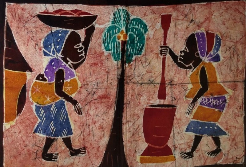 Handmade Original African Tie Dye Women at the Village fabric Wall Art