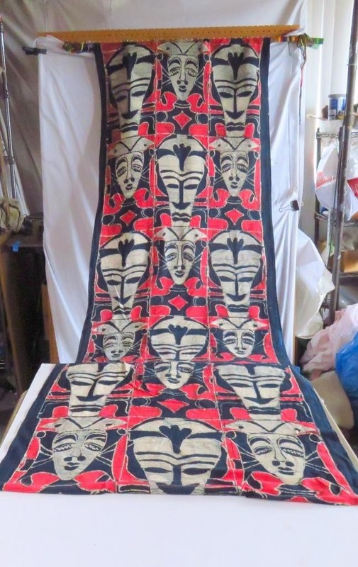Vintage Wall Hanging Batik Cloth African Masks 34" wide x 102" tall