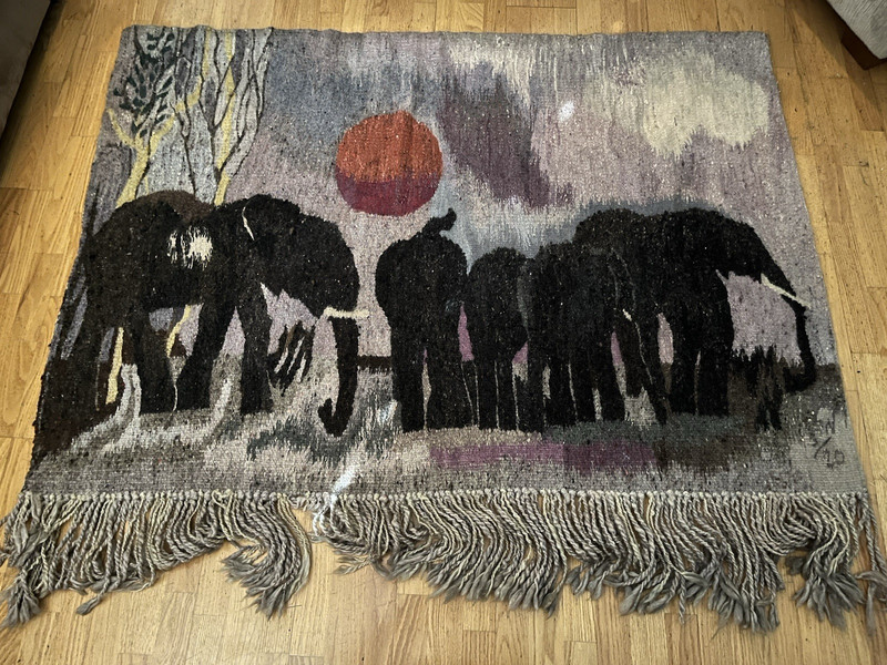 Phumalanga Swazihand Mohair Tapestry African Folk Art Elephants Artist Signed