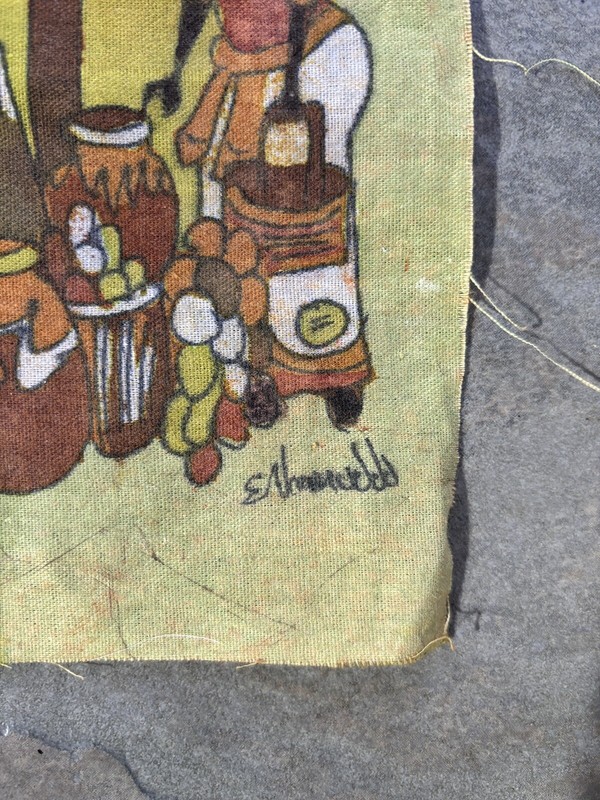 Vtg African Ethnic Batik Fabric Cloth Art Wall Decor Women Market Signed 7.5x8 gallery