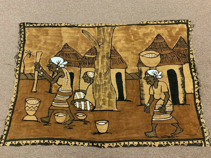 Vintage African Tribal Korhogo Handpainted Mud Cloth Tapestry Hand Sewn Dyed