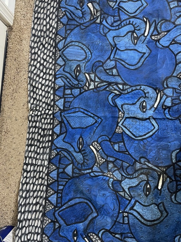 African Nigerian Batik Folk Art Hand Painted Textile Wall Hanging Blue Elephants gallery