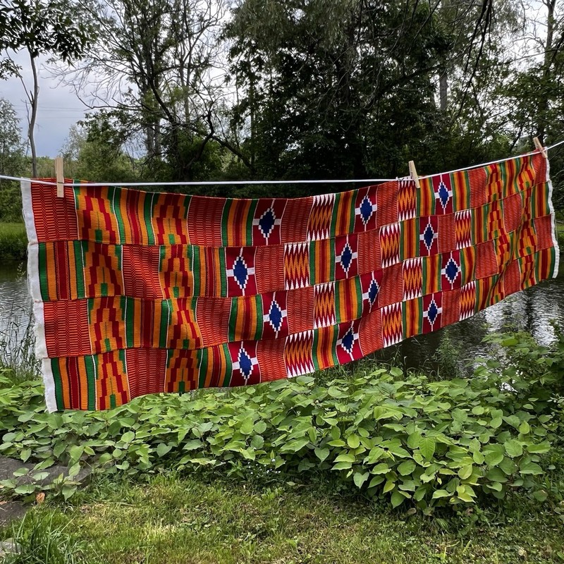 Kente Cloth Vintage African Textile Ghana Hand Woven 17” X 64” Red Blue Green
