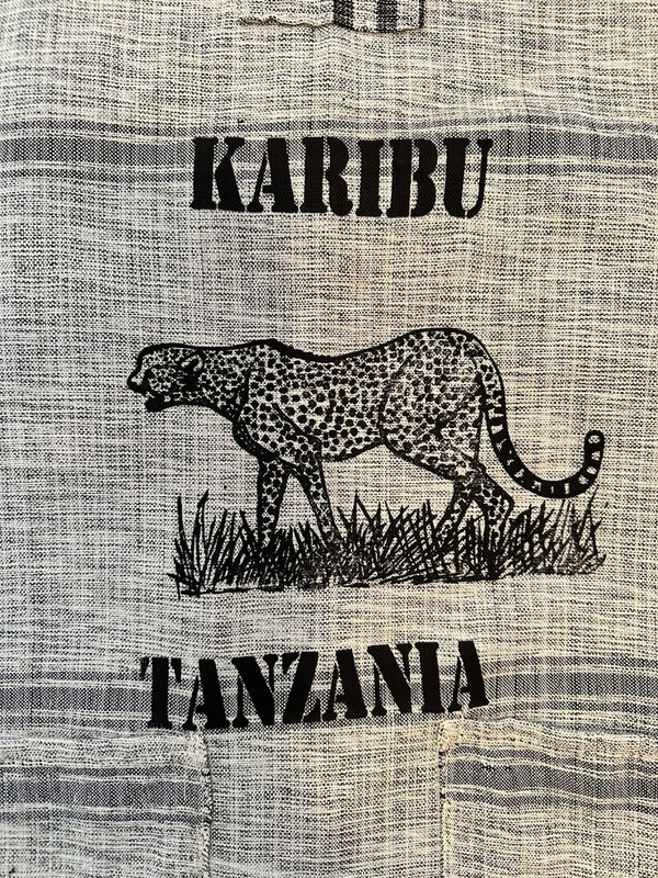 LEOPARD Kikoi Karibu Tanzania East Africa Grey and Black Tassels T-Shirt UNWORN gallery
