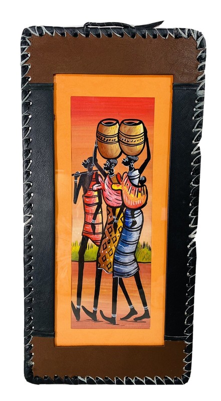 Vintage Africa Kenya Tribal Hand Painted Leather Bound Frame Women Children Baby