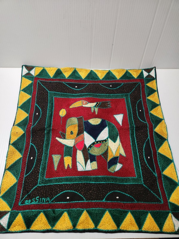 Hand Embroidered Kaross South African Pillow Cover Elephant Toucan Artist Signed