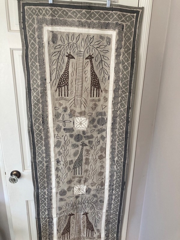 Large Block Print African Giraffe Textile – Handmade 24in x 68in Neutral Colors