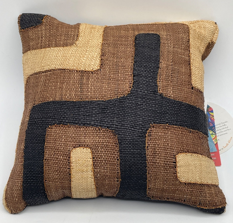 NWT Mini Kuba Cloth Raffia Accent Pillow 10x10" African Handmade Brown Black gallery