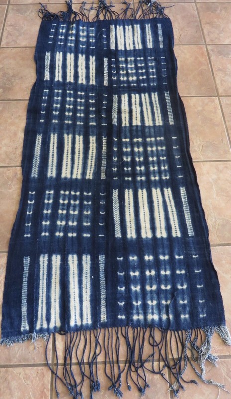 Vintage African Stitch Dyed Indigo Scarf/28”x60”+Fringe