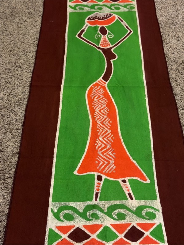 AFRICAN TRIBAL WALL HANGING TAPESTRY 19x60 Orange Green Woman gallery