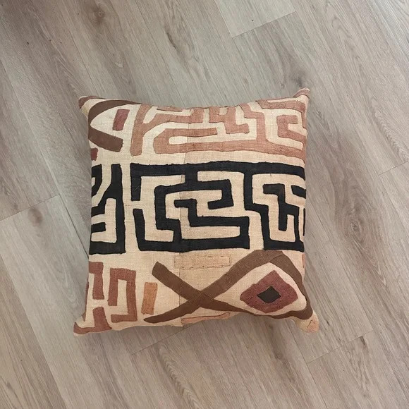 African Print Kuba Cloth mud cloth Pillow Cover 22x22" handmade brown tan black