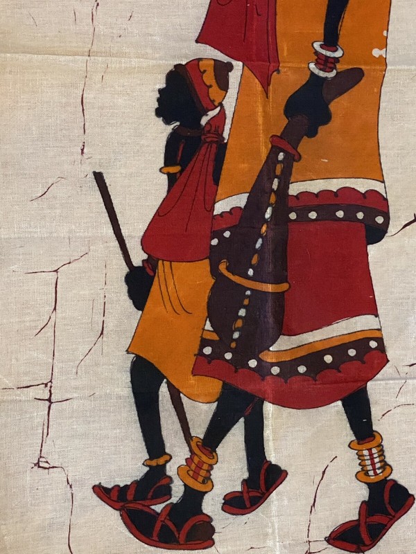 AFRICAN Wax FABRIC Textile 16 X 35” MOTHER and CHILDREN Ivory Background NEW gallery