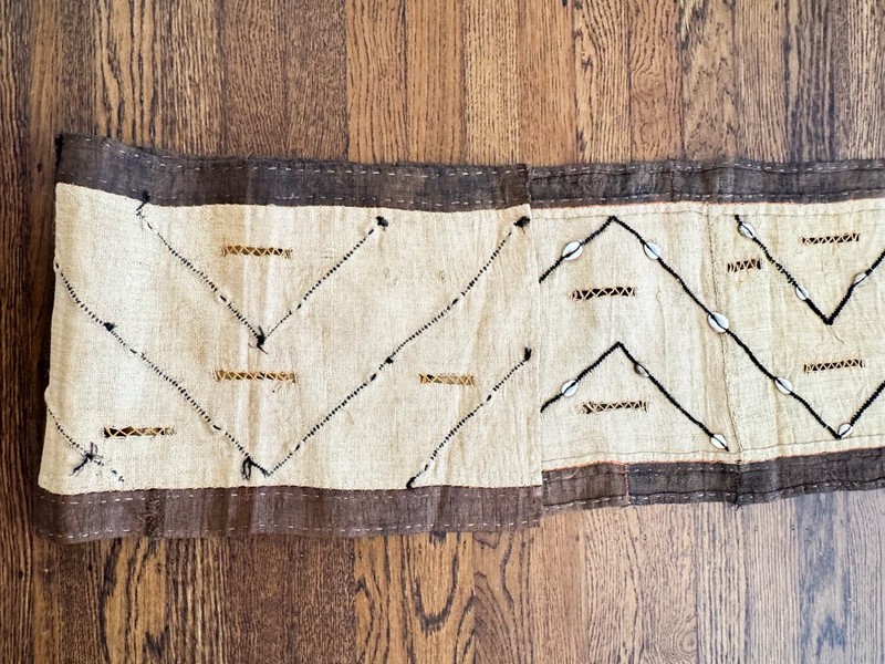 Vtg Long African Kuba Cloth Cowrie Shell Handwoven Tribal Textile 80” RARE Congo gallery