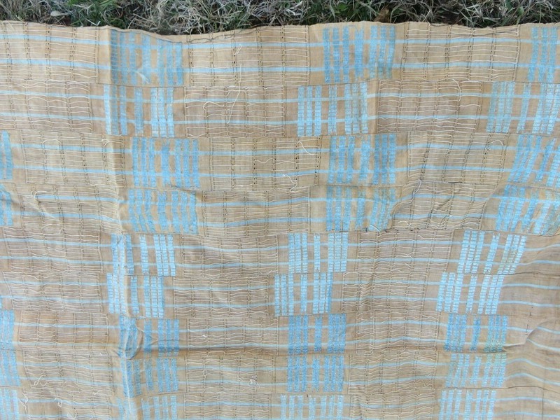 Old "Sanyan" Style "Aso-Oke" Strip-Woven Robe Nigeria Tan & Turq.Textile Yoruba gallery