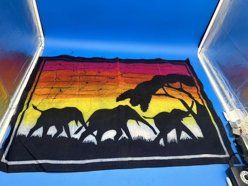 Beautiful Vtg. 1960’s African Batik Elephants/ Sunset Wall Hanging 21 1/2 X 30”